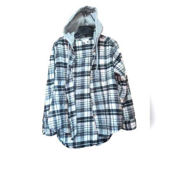🛍️ NOBO Flannel Button Up Hoodie Size 8/10 Lavender and Black - Picture 1 of 1